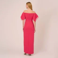 Adrianna Papell Knit Crepe And Organza Off The Shoulder Long Column Gown With Tiered Sleeves In Pink Lotus 10 Adrianna Papell Knit Crepe And Organza Off The Shoulder Long Column Gown With Tiered Sleeves In Pink Lotus -Glam Mirth Sales AP1E210424 AG661 Regular Back