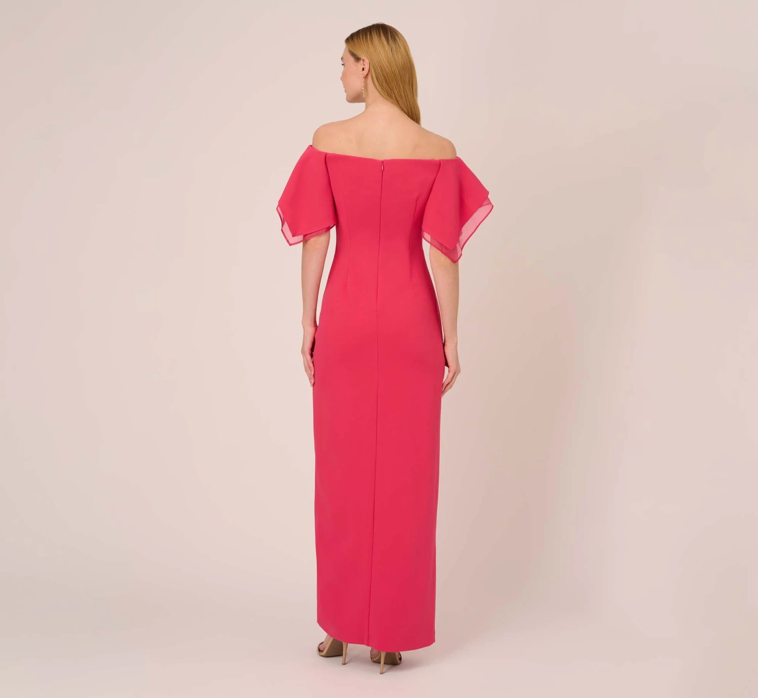Adrianna Papell Knit Crepe And Organza Off The Shoulder Long Column Gown With Tiered Sleeves In Pink Lotus 4 Adrianna Papell Knit Crepe And Organza Off The Shoulder Long Column Gown With Tiered Sleeves In Pink Lotus - Image 4
