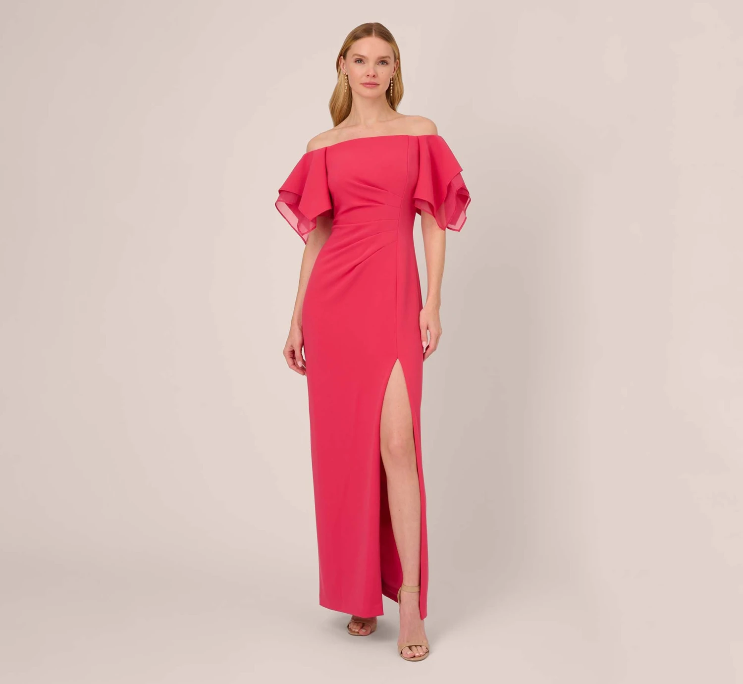 Adrianna Papell Knit Crepe And Organza Off The Shoulder Long Column Gown With Tiered Sleeves In Pink Lotus 1 Adrianna Papell Knit Crepe And Organza Off The Shoulder Long Column Gown With Tiered Sleeves In Pink Lotus