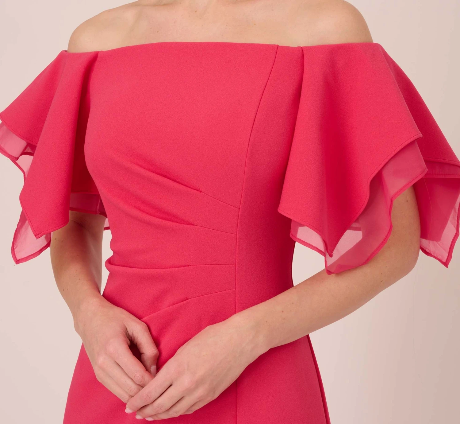 Adrianna Papell Knit Crepe And Organza Off The Shoulder Long Column Gown With Tiered Sleeves In Pink Lotus 3 Adrianna Papell Knit Crepe And Organza Off The Shoulder Long Column Gown With Tiered Sleeves In Pink Lotus - Image 3