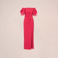 Adrianna Papell Knit Crepe And Organza Off The Shoulder Long Column Gown With Tiered Sleeves In Pink Lotus 13 Adrianna Papell Knit Crepe And Organza Off The Shoulder Long Column Gown With Tiered Sleeves In Pink Lotus -Glam Mirth Sales AP1E210424 AG661 Regular Flat