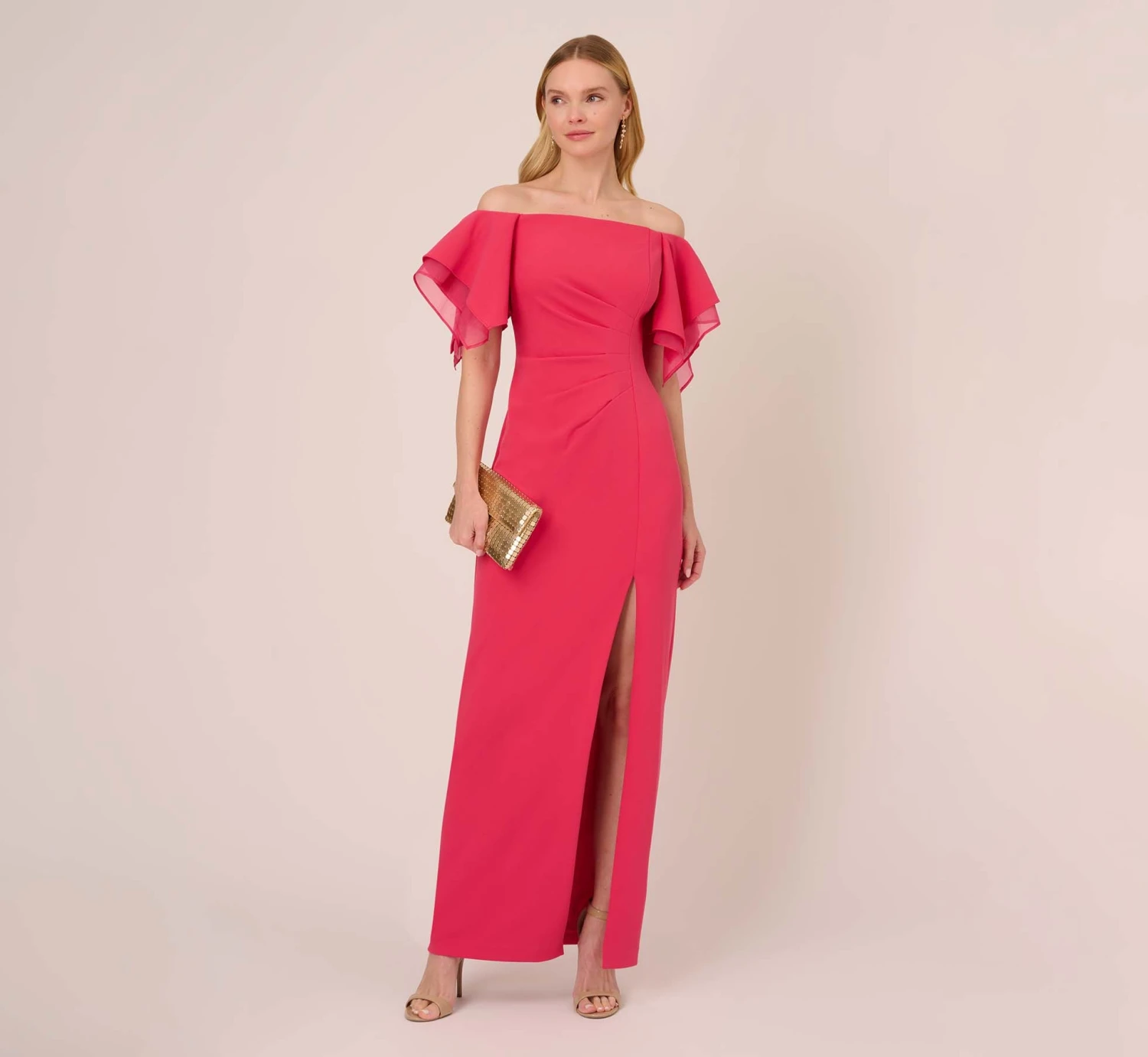 Adrianna Papell Knit Crepe And Organza Off The Shoulder Long Column Gown With Tiered Sleeves In Pink Lotus 2 Adrianna Papell Knit Crepe And Organza Off The Shoulder Long Column Gown With Tiered Sleeves In Pink Lotus - Image 2