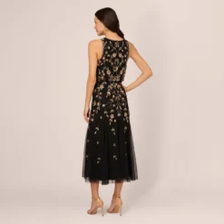 Adrianna Papell Floral Beaded Blouson Tea Length Dress In Black Gold 9 Adrianna Papell Floral Beaded Blouson Tea Length Dress In Black Gold -Glam Mirth Sales AP1E210437 AA967 Regular Back
