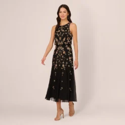Adrianna Papell Floral Beaded Blouson Tea Length Dress In Black Gold