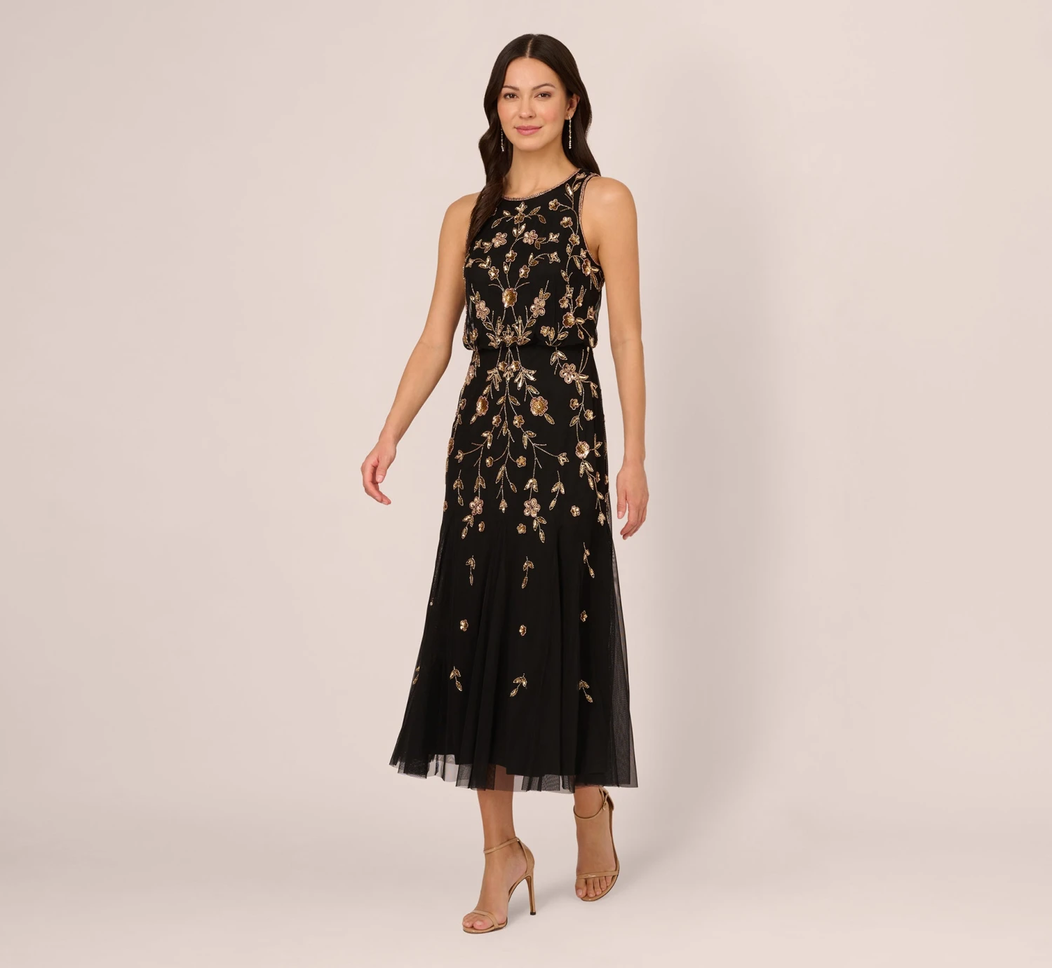 Adrianna Papell Floral Beaded Blouson Tea Length Dress In Black Gold 1 Adrianna Papell Floral Beaded Blouson Tea Length Dress In Black Gold
