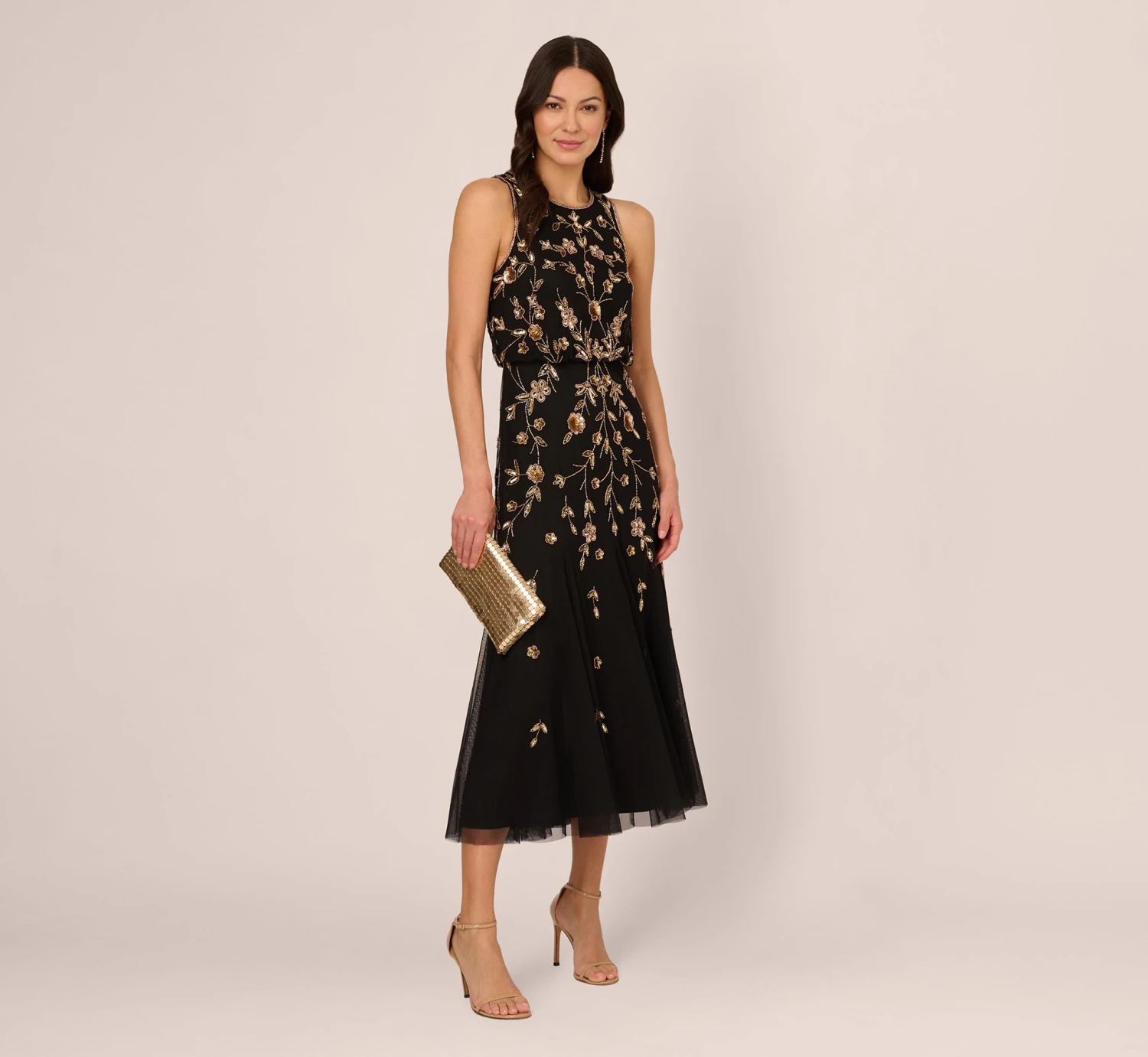 Adrianna Papell Floral Beaded Blouson Tea Length Dress In Black Gold 2 Adrianna Papell Floral Beaded Blouson Tea Length Dress In Black Gold - Image 2