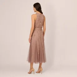 Adrianna Papell Floral Beaded Blouson Tea Length Dress In Stone 9 Adrianna Papell Floral Beaded Blouson Tea Length Dress In Stone -Glam Mirth Sales AP1E210437 AE549 Regular Back