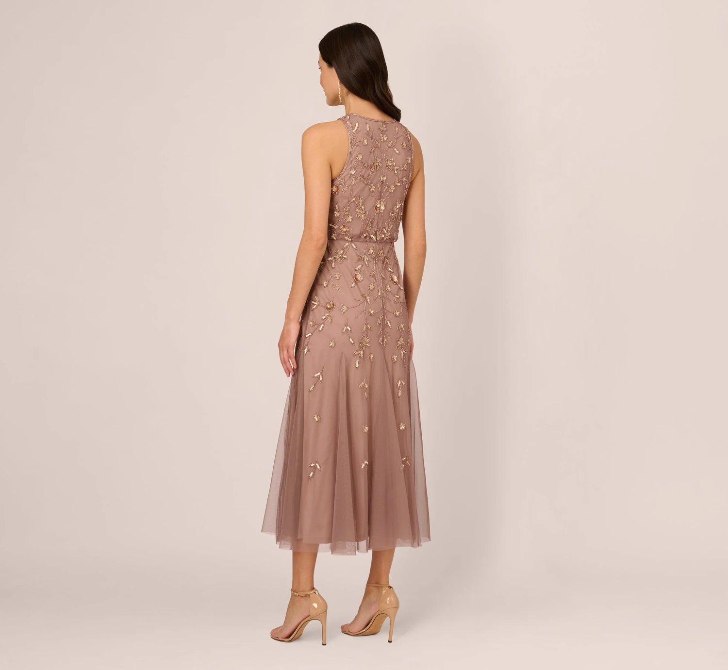 Adrianna Papell Floral Beaded Blouson Tea Length Dress In Stone 4 Adrianna Papell Floral Beaded Blouson Tea Length Dress In Stone - Image 4