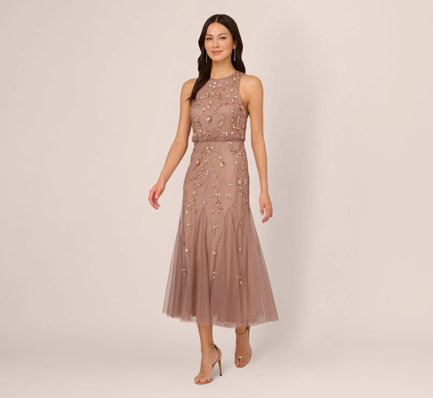 Adrianna Papell Floral Beaded Blouson Tea Length Dress In Stone 1 Adrianna Papell Floral Beaded Blouson Tea Length Dress In Stone