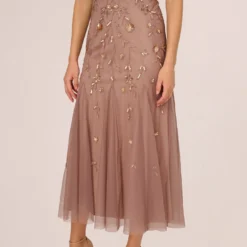 Adrianna Papell Floral Beaded Blouson Tea Length Dress In Stone 10 Adrianna Papell Floral Beaded Blouson Tea Length Dress In Stone -Glam Mirth Sales AP1E210437 AE549 Regular Lifestyle