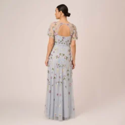 Adrianna Papell Floral Hand Beaded Illusion Long A-Line Gown In Glacier 11 Adrianna Papell Floral Hand Beaded Illusion Long A-Line Gown In Glacier -Glam Mirth Sales AP1E210441 AF482 Regular Back