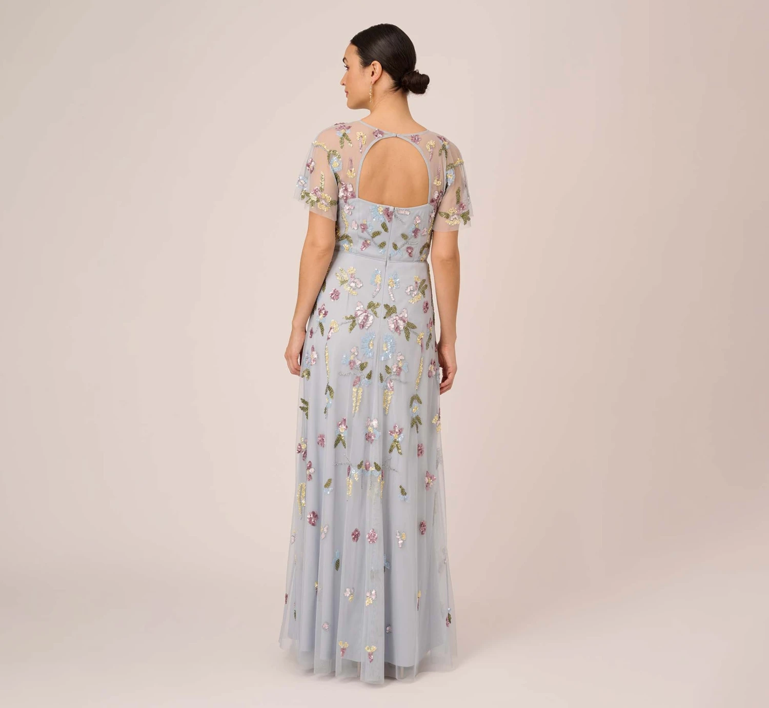 Adrianna Papell Floral Hand Beaded Illusion Long A-Line Gown In Glacier 5 Adrianna Papell Floral Hand Beaded Illusion Long A-Line Gown In Glacier - Image 5