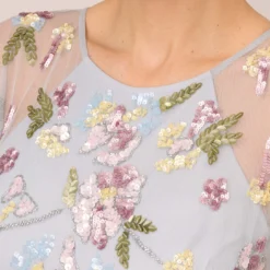 Adrianna Papell Floral Hand Beaded Illusion Long A-Line Gown In Glacier 9 Adrianna Papell Floral Hand Beaded Illusion Long A-Line Gown In Glacier -Glam Mirth Sales AP1E210441 AF482 Regular Detail