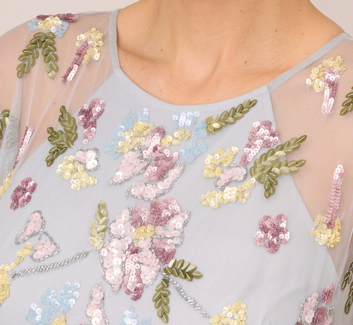 Adrianna Papell Floral Hand Beaded Illusion Long A-Line Gown In Glacier 3 Adrianna Papell Floral Hand Beaded Illusion Long A-Line Gown In Glacier - Image 3