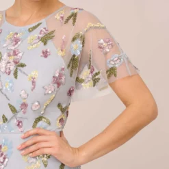 Adrianna Papell Floral Hand Beaded Illusion Long A-Line Gown In Glacier 10 Adrianna Papell Floral Hand Beaded Illusion Long A-Line Gown In Glacier -Glam Mirth Sales AP1E210441 AF482 Regular Lifestyle