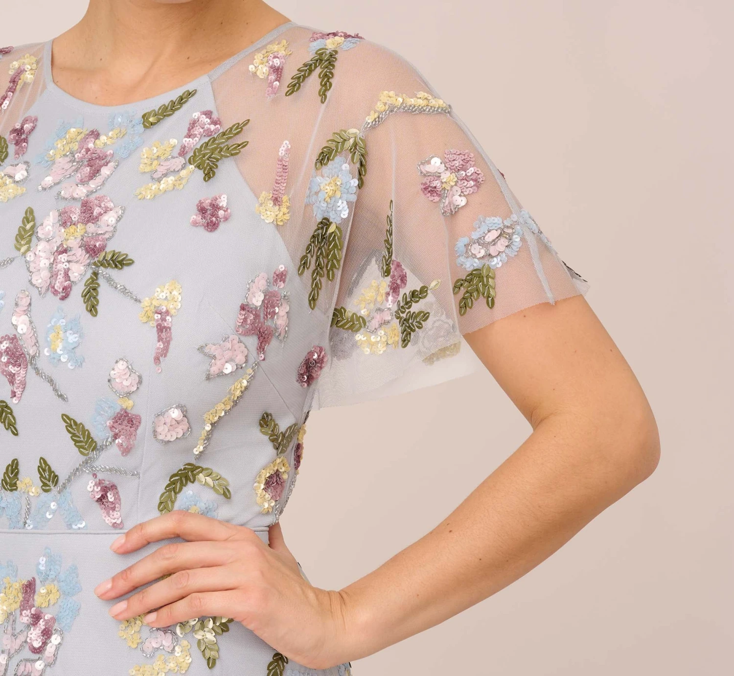 Adrianna Papell Floral Hand Beaded Illusion Long A-Line Gown In Glacier 4 Adrianna Papell Floral Hand Beaded Illusion Long A-Line Gown In Glacier - Image 4