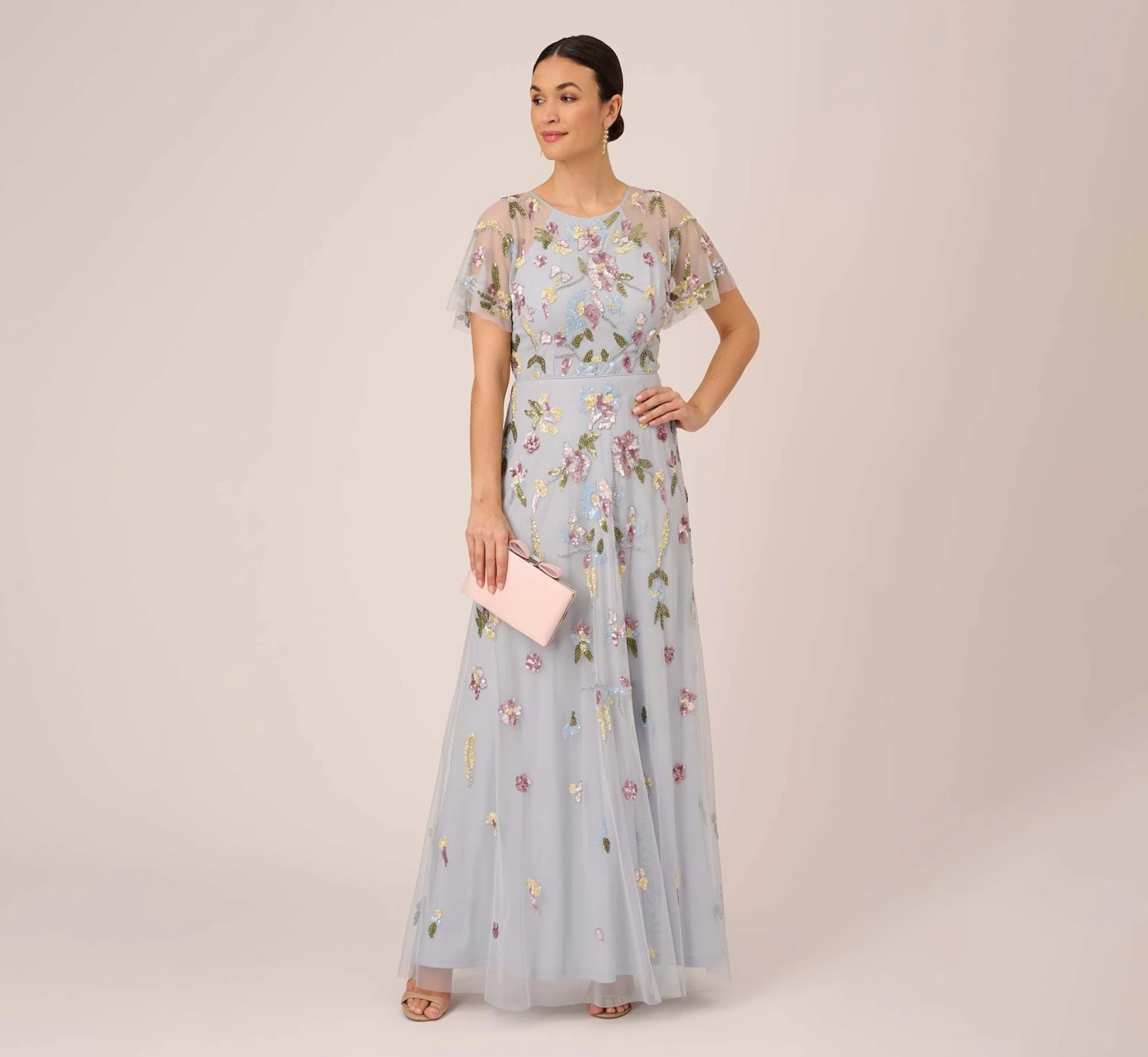 Adrianna Papell Floral Hand Beaded Illusion Long A-Line Gown In Glacier 2 Adrianna Papell Floral Hand Beaded Illusion Long A-Line Gown In Glacier - Image 2