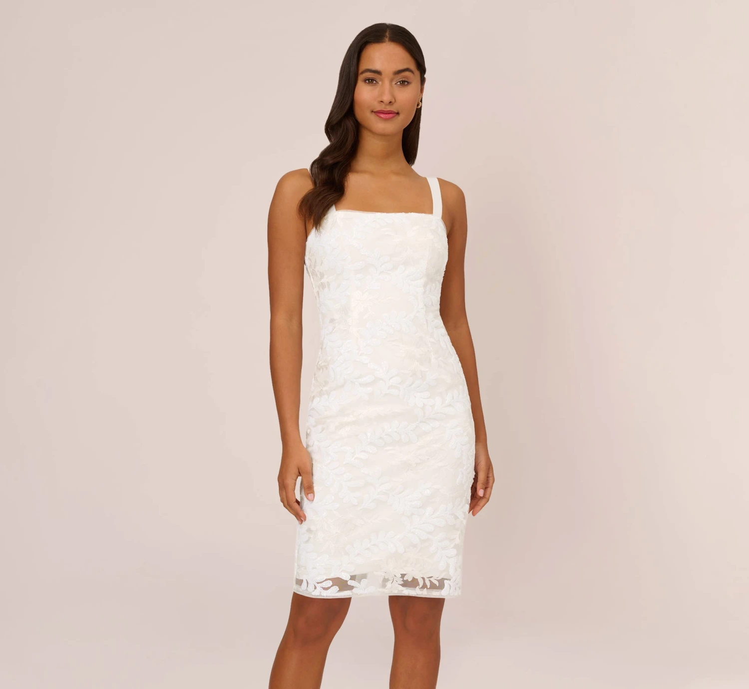 Adrianna Papell Sequin Embroidered Sheath Dress With Grosgrain Straps In Ivory 1 Adrianna Papell Sequin Embroidered Sheath Dress With Grosgrain Straps In Ivory