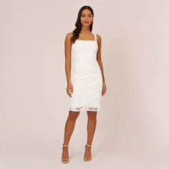 Adrianna Papell Sequin Embroidered Sheath Dress With Grosgrain Straps In Ivory 13 Adrianna Papell Sequin Embroidered Sheath Dress With Grosgrain Straps In Ivory -Glam Mirth Sales AP1E210481 AA194 Regular Front
