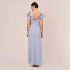 Adrianna Papell Short Sleeve Crepe Gown With Sheer Sequin Floral Neckline In Blue Breeze 9 Adrianna Papell Short Sleeve Crepe Gown With Sheer Sequin Floral Neckline In Blue Breeze -Glam Mirth Sales AP1E210482 AD497 Regular Back