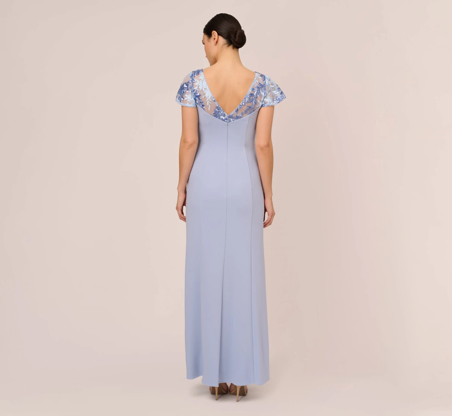 Adrianna Papell Short Sleeve Crepe Gown With Sheer Sequin Floral Neckline In Blue Breeze 4 Adrianna Papell Short Sleeve Crepe Gown With Sheer Sequin Floral Neckline In Blue Breeze - Image 4