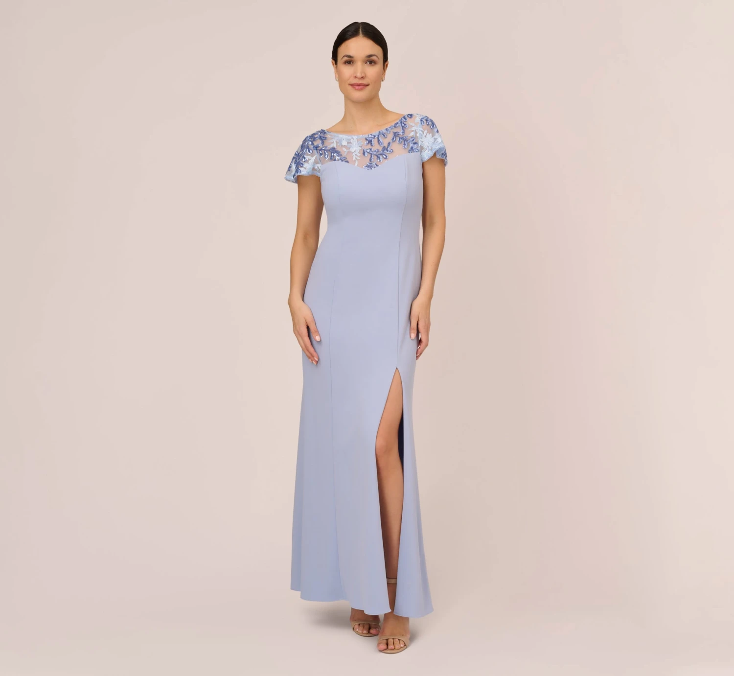 Adrianna Papell Short Sleeve Crepe Gown With Sheer Sequin Floral Neckline In Blue Breeze 2 Adrianna Papell Short Sleeve Crepe Gown With Sheer Sequin Floral Neckline In Blue Breeze - Image 2