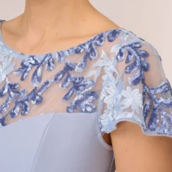 Adrianna Papell Short Sleeve Crepe Gown With Sheer Sequin Floral Neckline In Blue Breeze 8 Adrianna Papell Short Sleeve Crepe Gown With Sheer Sequin Floral Neckline In Blue Breeze -Glam Mirth Sales AP1E210482 AD497 Regular Detail