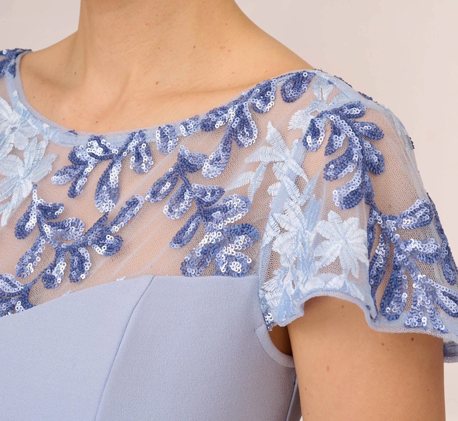 Adrianna Papell Short Sleeve Crepe Gown With Sheer Sequin Floral Neckline In Blue Breeze 3 Adrianna Papell Short Sleeve Crepe Gown With Sheer Sequin Floral Neckline In Blue Breeze - Image 3