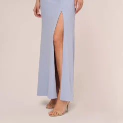 Adrianna Papell Short Sleeve Crepe Gown With Sheer Sequin Floral Neckline In Blue Breeze 10 Adrianna Papell Short Sleeve Crepe Gown With Sheer Sequin Floral Neckline In Blue Breeze -Glam Mirth Sales AP1E210482 AD497 Regular Lifestyle