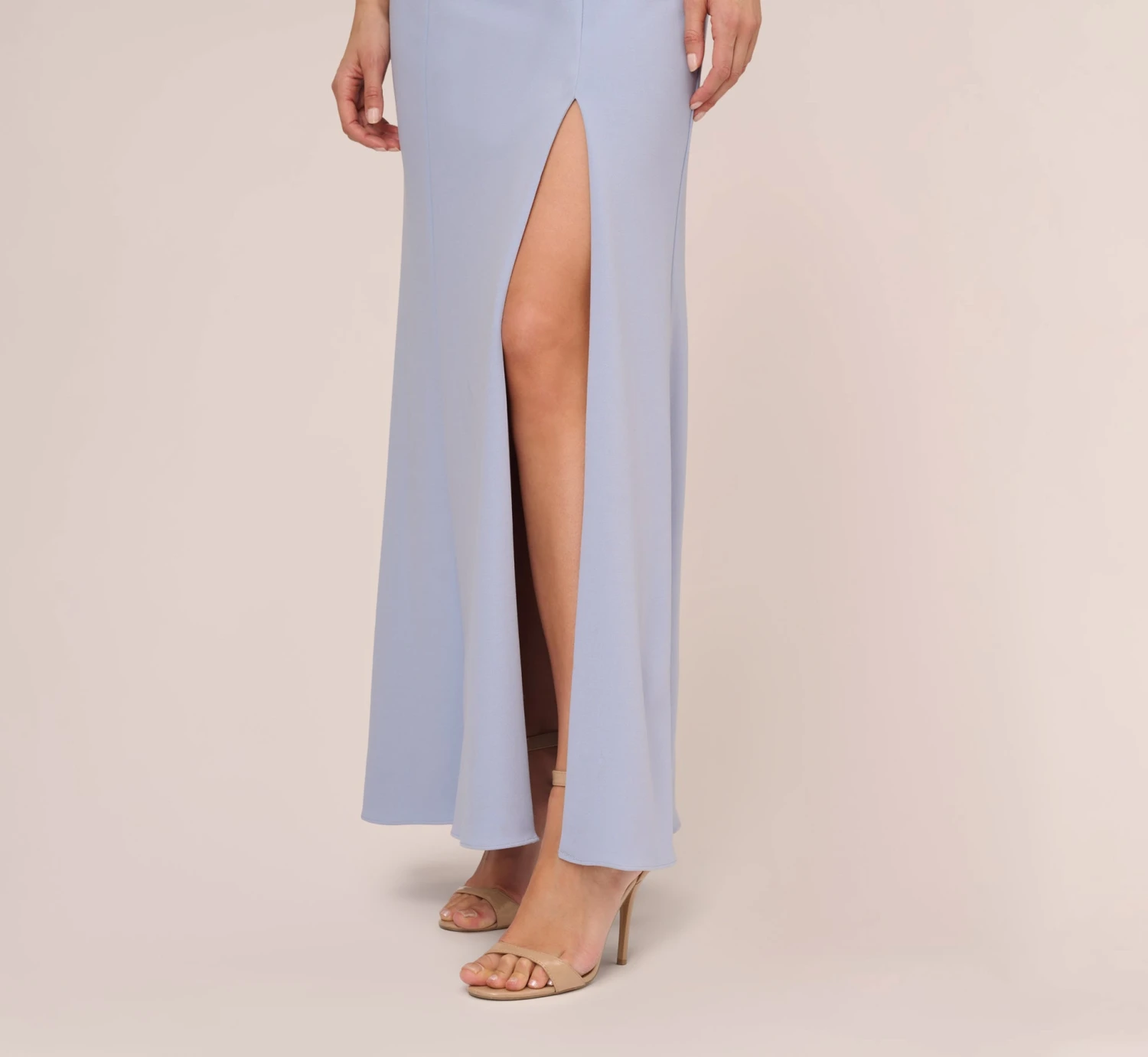 Adrianna Papell Short Sleeve Crepe Gown With Sheer Sequin Floral Neckline In Blue Breeze 5 Adrianna Papell Short Sleeve Crepe Gown With Sheer Sequin Floral Neckline In Blue Breeze - Image 5