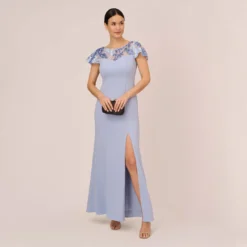 Adrianna Papell Short Sleeve Crepe Gown With Sheer Sequin Floral Neckline In Blue Breeze