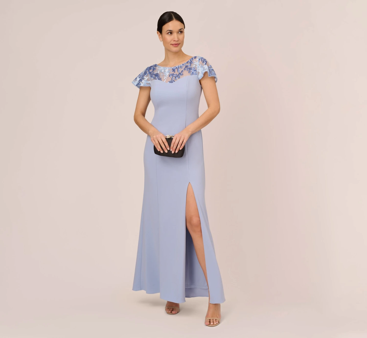 Adrianna Papell Short Sleeve Crepe Gown With Sheer Sequin Floral Neckline In Blue Breeze 1 Adrianna Papell Short Sleeve Crepe Gown With Sheer Sequin Floral Neckline In Blue Breeze