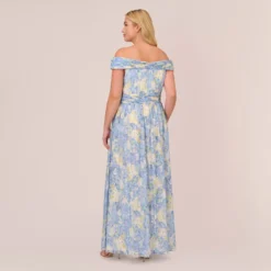 Adrianna Papell Plus Size Watercolor Floral Print Gown With Off The Shoulder Neckline In Blue Multi 8 Adrianna Papell Plus Size Watercolor Floral Print Gown With Off The Shoulder Neckline In Blue Multi -Glam Mirth Sales AP1E210484 AA461 Plus Back