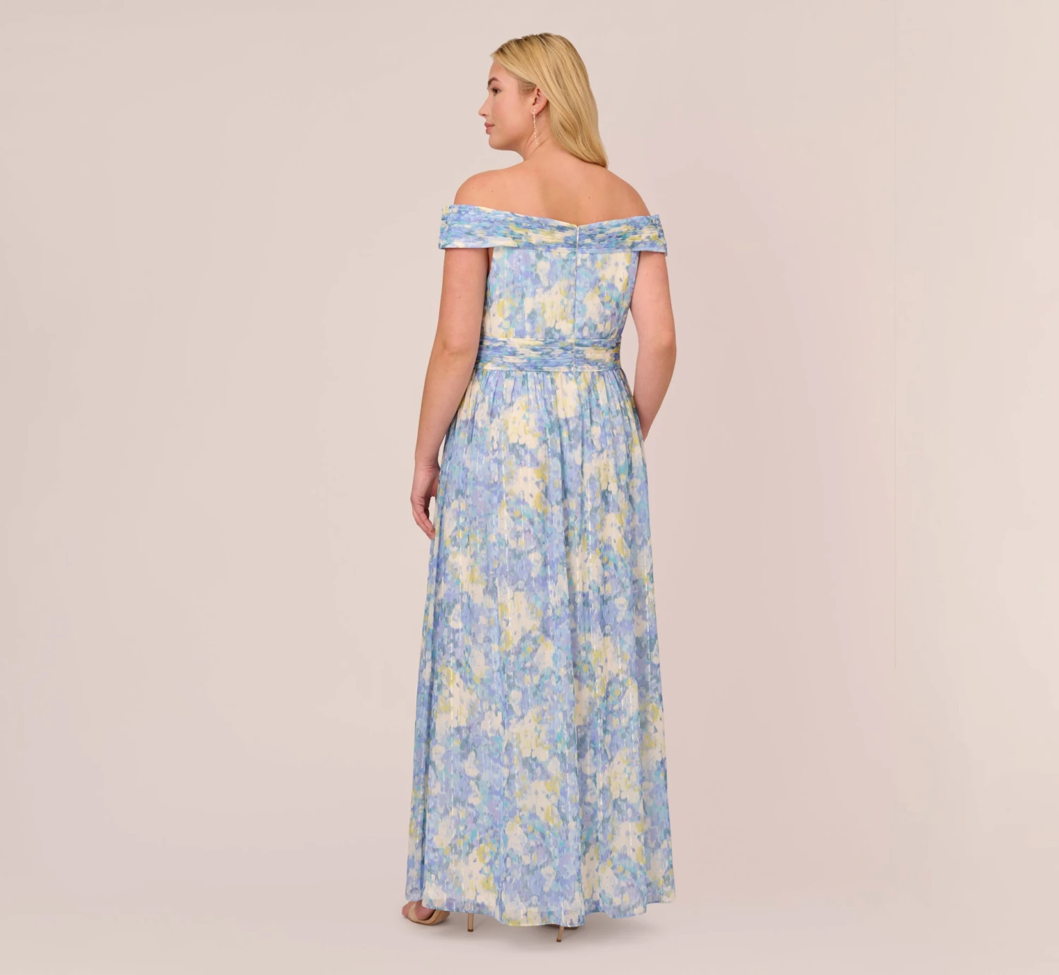 Adrianna Papell Plus Size Watercolor Floral Print Gown With Off The Shoulder Neckline In Blue Multi 3 Adrianna Papell Plus Size Watercolor Floral Print Gown With Off The Shoulder Neckline In Blue Multi - Image 3