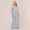 Adrianna Papell Plus Size Watercolor Floral Print Gown With Off The Shoulder Neckline In Blue Multi