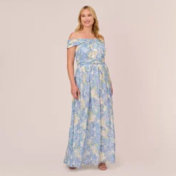 Adrianna Papell Plus Size Watercolor Floral Print Gown With Off The Shoulder Neckline In Blue Multi
