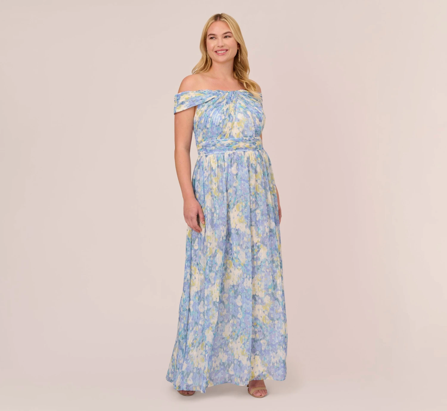 Adrianna Papell Plus Size Watercolor Floral Print Gown With Off The Shoulder Neckline In Blue Multi 1 Adrianna Papell Plus Size Watercolor Floral Print Gown With Off The Shoulder Neckline In Blue Multi