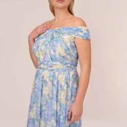 Adrianna Papell Plus Size Watercolor Floral Print Gown With Off The Shoulder Neckline In Blue Multi 10 Adrianna Papell Plus Size Watercolor Floral Print Gown With Off The Shoulder Neckline In Blue Multi -Glam Mirth Sales AP1E210484 AA461 Plus Detail