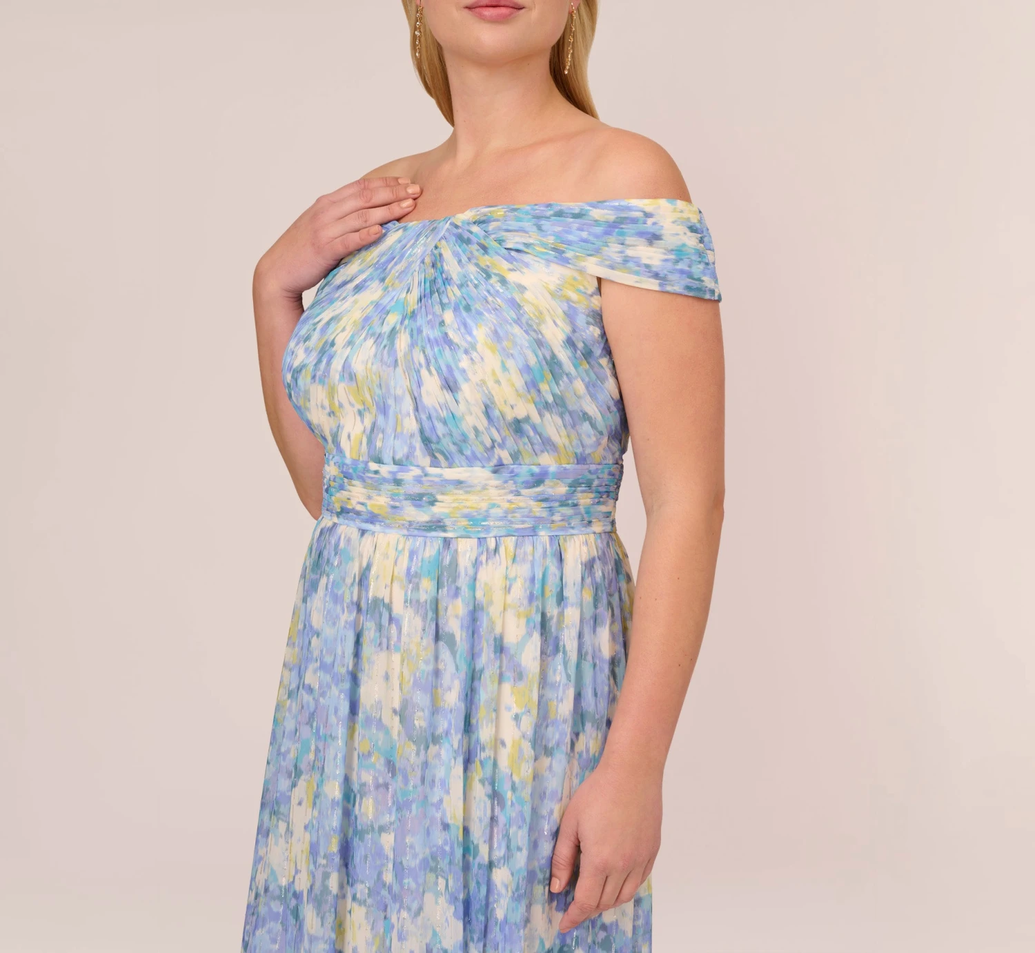 Adrianna Papell Plus Size Watercolor Floral Print Gown With Off The Shoulder Neckline In Blue Multi 5 Adrianna Papell Plus Size Watercolor Floral Print Gown With Off The Shoulder Neckline In Blue Multi - Image 5