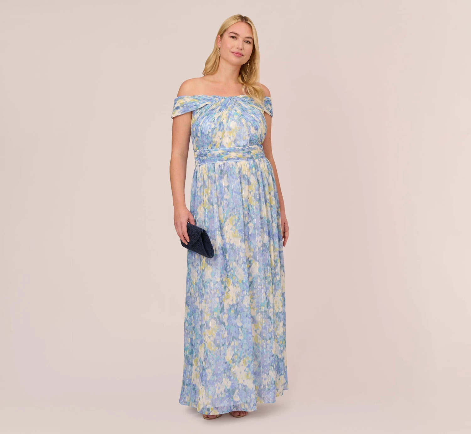 Adrianna Papell Plus Size Watercolor Floral Print Gown With Off The Shoulder Neckline In Blue Multi 2 Adrianna Papell Plus Size Watercolor Floral Print Gown With Off The Shoulder Neckline In Blue Multi - Image 2