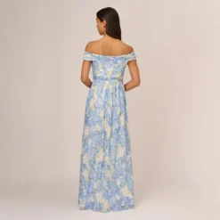 Adrianna Papell Watercolor Floral Print Gown With Off The Shoulder Neckline In Blue Multi 8 Adrianna Papell Watercolor Floral Print Gown With Off The Shoulder Neckline In Blue Multi -Glam Mirth Sales AP1E210484 AA461 Regular Back
