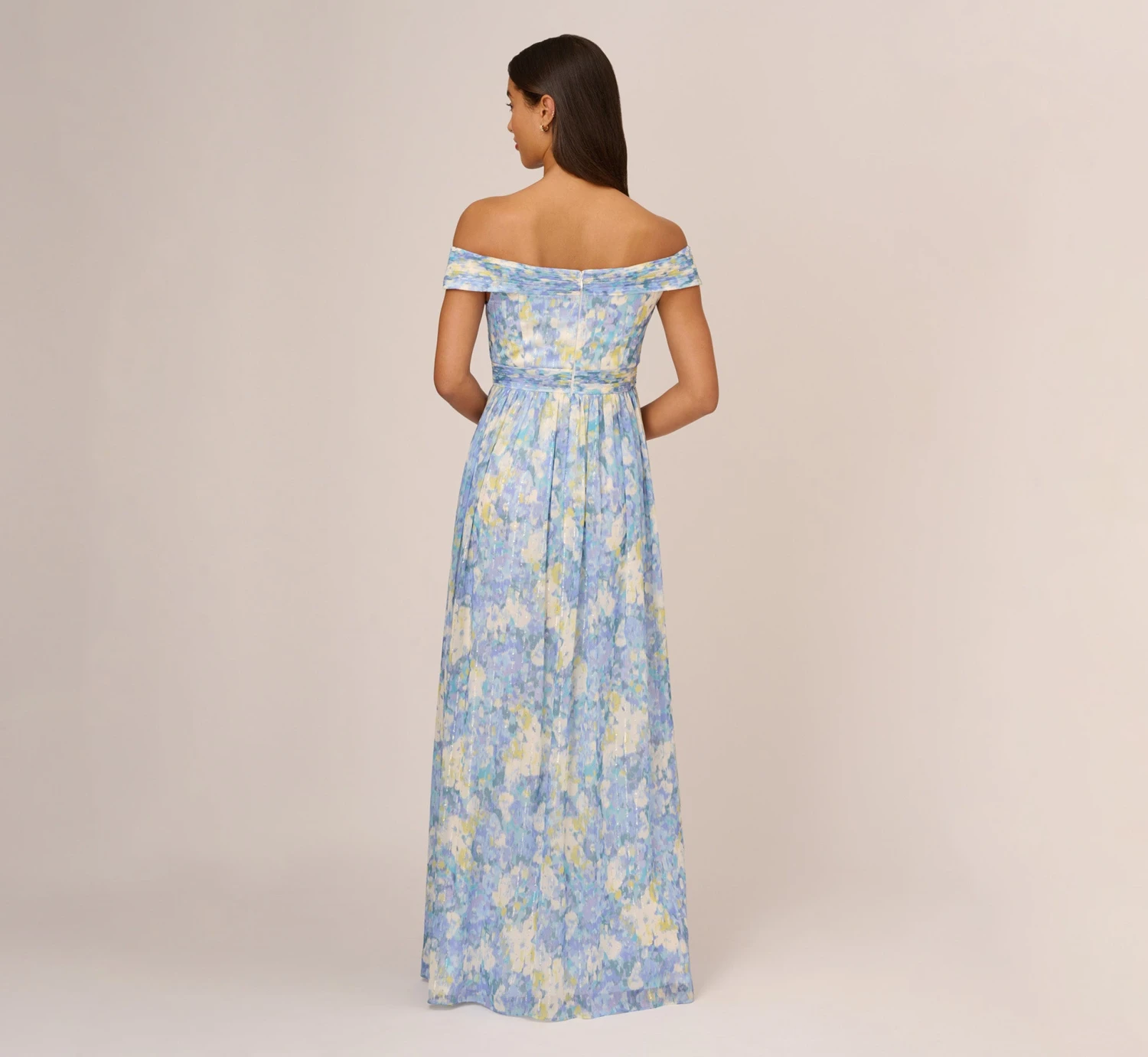 Adrianna Papell Watercolor Floral Print Gown With Off The Shoulder Neckline In Blue Multi 3 Adrianna Papell Watercolor Floral Print Gown With Off The Shoulder Neckline In Blue Multi - Image 3
