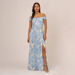 Adrianna Papell Watercolor Floral Print Gown With Off The Shoulder Neckline In Blue Multi