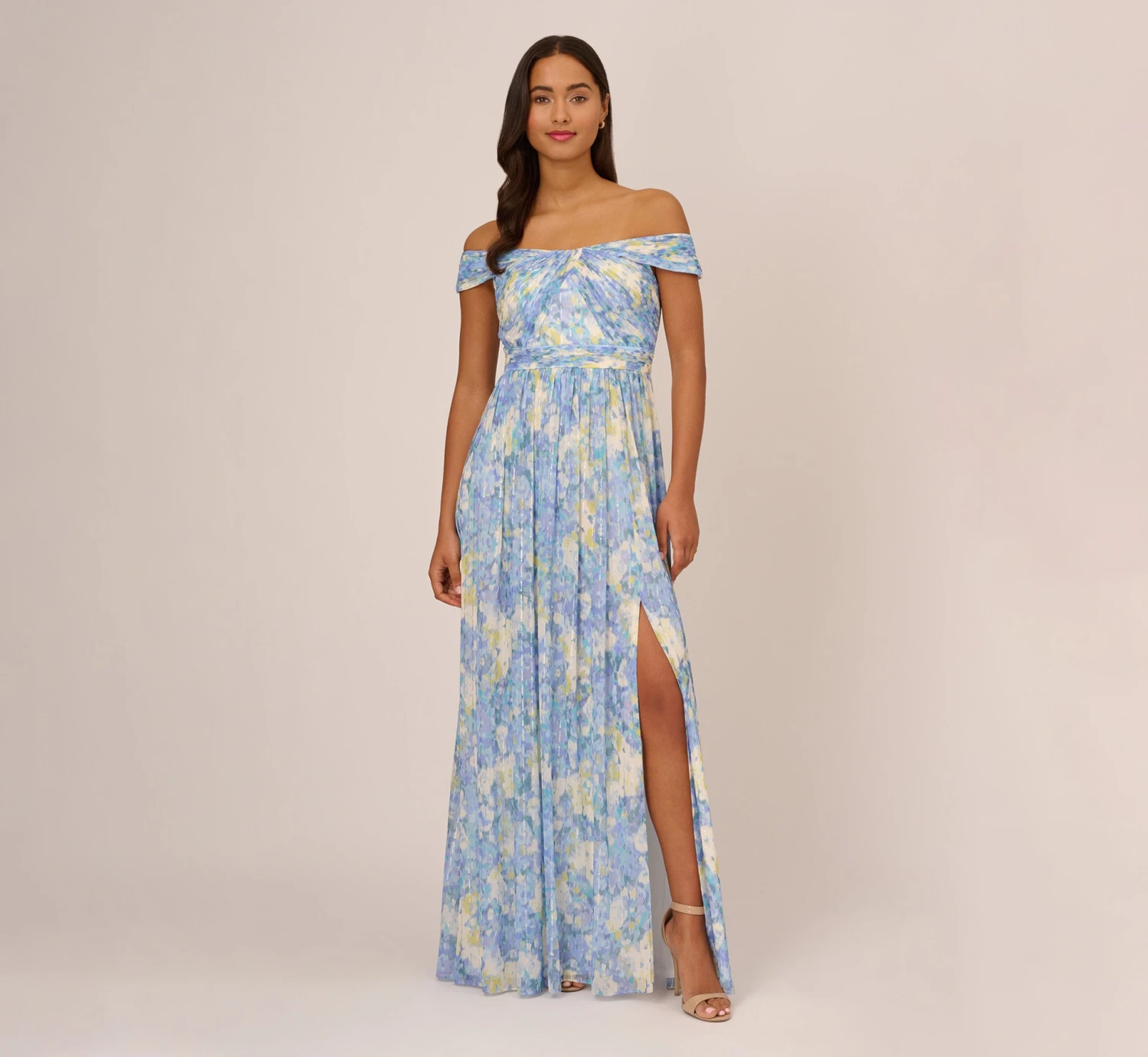 Adrianna Papell Watercolor Floral Print Gown With Off The Shoulder Neckline In Blue Multi 1 Adrianna Papell Watercolor Floral Print Gown With Off The Shoulder Neckline In Blue Multi