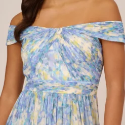 Adrianna Papell Watercolor Floral Print Gown With Off The Shoulder Neckline In Blue Multi 10 Adrianna Papell Watercolor Floral Print Gown With Off The Shoulder Neckline In Blue Multi -Glam Mirth Sales AP1E210484 AA461 Regular Detail