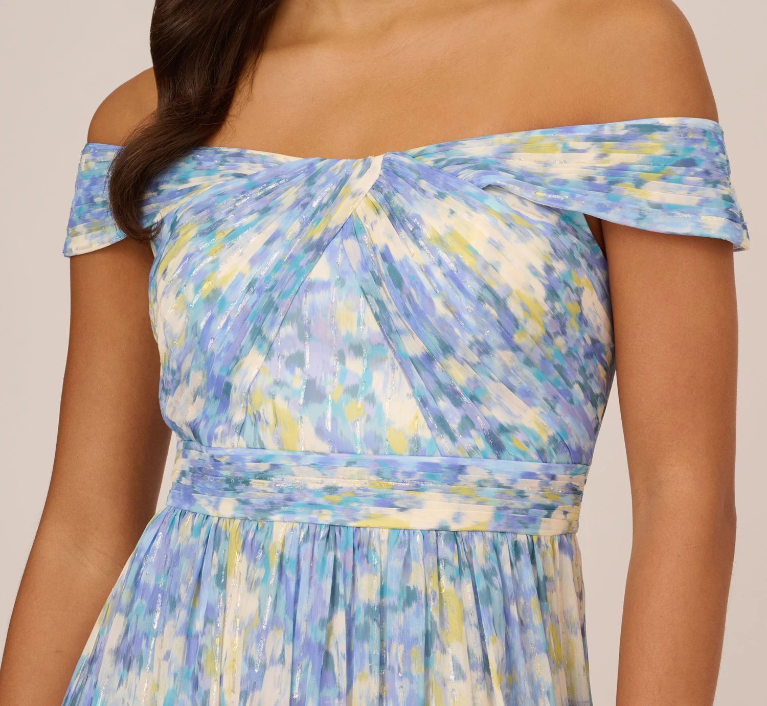 Adrianna Papell Watercolor Floral Print Gown With Off The Shoulder Neckline In Blue Multi 5 Adrianna Papell Watercolor Floral Print Gown With Off The Shoulder Neckline In Blue Multi - Image 5