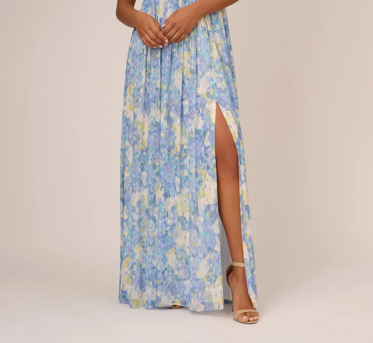 Adrianna Papell Watercolor Floral Print Gown With Off The Shoulder Neckline In Blue Multi 6 Adrianna Papell Watercolor Floral Print Gown With Off The Shoulder Neckline In Blue Multi - Image 6