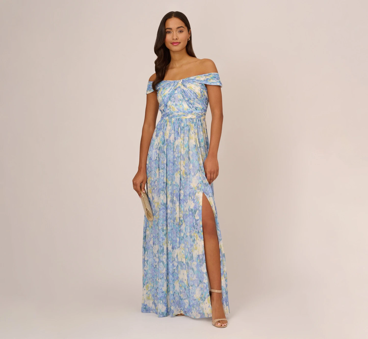 Adrianna Papell Watercolor Floral Print Gown With Off The Shoulder Neckline In Blue Multi 2 Adrianna Papell Watercolor Floral Print Gown With Off The Shoulder Neckline In Blue Multi - Image 2