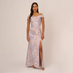 Adrianna Papell Metallic Floral Print Jacquard Gown With Off The Shoulder Neckline In Peri Multi