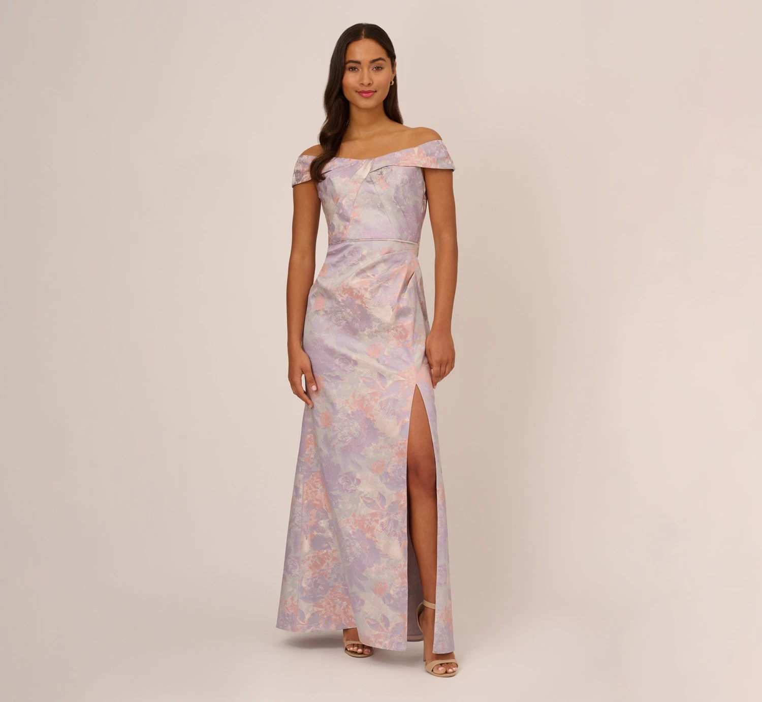 Adrianna Papell Metallic Floral Print Jacquard Gown With Off The Shoulder Neckline In Peri Multi 1 Adrianna Papell Metallic Floral Print Jacquard Gown With Off The Shoulder Neckline In Peri Multi